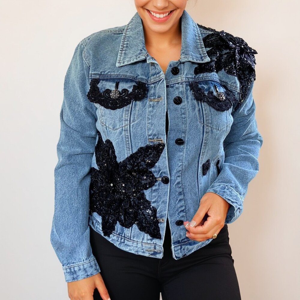 Denim Jacket Hand Embellished with Black Beads and 3-D Sequin Appliqué